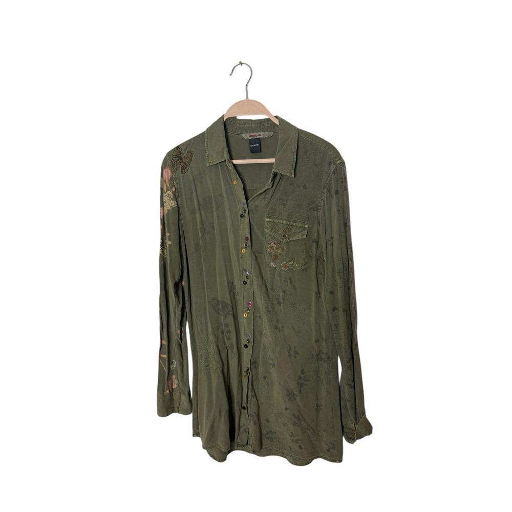 Desigual Long-sleeved Boho Green embroidered tunic‎ sz medium button up